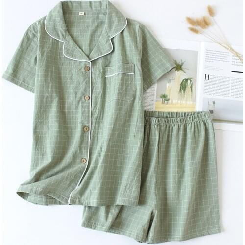 Summer Washed Cotton Plaid Pajamas Short Sleeve Pajama Set Women Shorts Two Piece Set Casual Comfortable Sleepwear Home Clothing