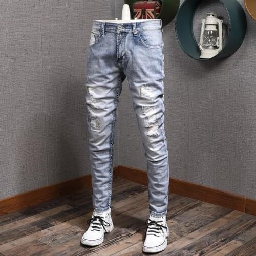 Korean Style Fashion Men Jeans Retro Light Blue Elastic Slim Fit Ripped Jeans Men Embroidery Patchwork Designer Denim Punk Pants