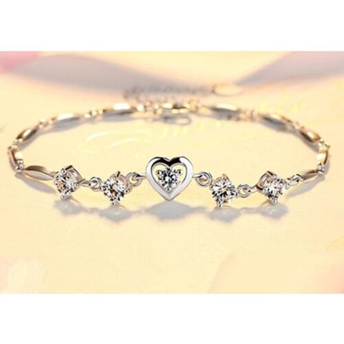 Fashion 925 Sterling Silver Bracelet Female Jewelry Shiny Crystal Purple Heart Accessories Women Bracelets Trendy Christmas Gift