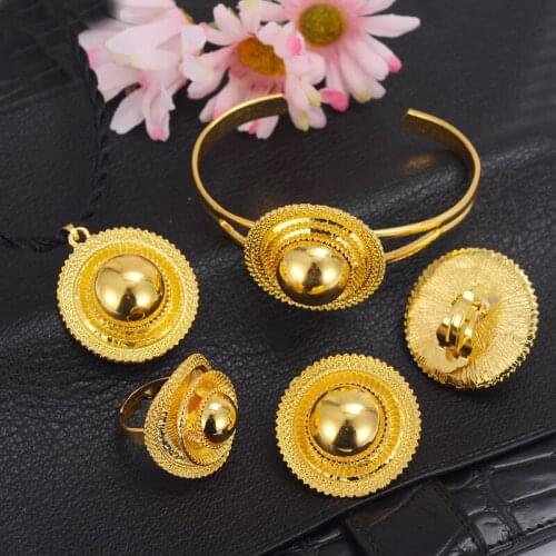 Wedding sets 24k Gold GF Pendant Necklaces Bangle Ring Earrings Black rope chain Four Luxurious Traditional Festival Jewellery