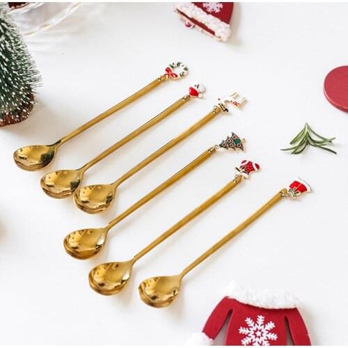 New Year 2021 Stainless Steel Christmas Spoons Xmas Party Coffee Spoon with Christmas pendant Christmas Decorations Noel Gift