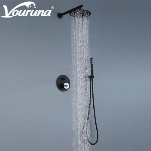 VOURUNA New Matte Black Bathroom Shower Set Concealled Bathing Shower System Combination Mixer Faucet Solid Brass