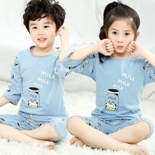 New Summer Cotton Half Sleeve Kids Homewear Sets Boys Pajamas for Girls Cat Bear Elephant Cartoon Baby Sleepwear Clothing Suits