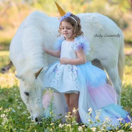 NewChristmas Fluffy Girl Princess Unicorn Dress Gorgeous Backless Long Tail Wedding Dress Kids Halloween Unicorn Cosplay Costume
