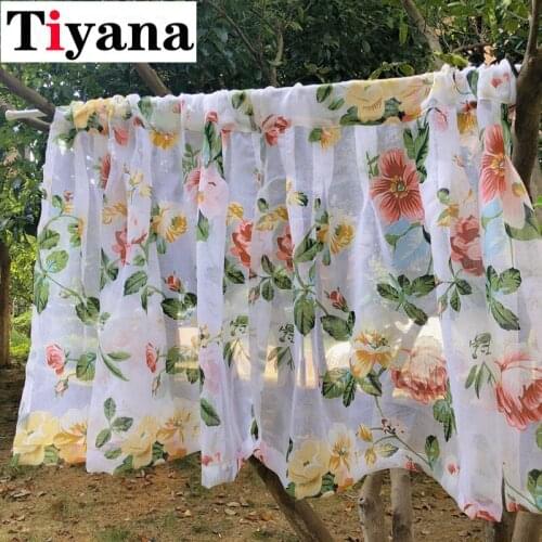 Pastoral style Half Curtains Transparent Tulle Valance Colorful Flowers Short Curtain For Kitchen Cabinet Door