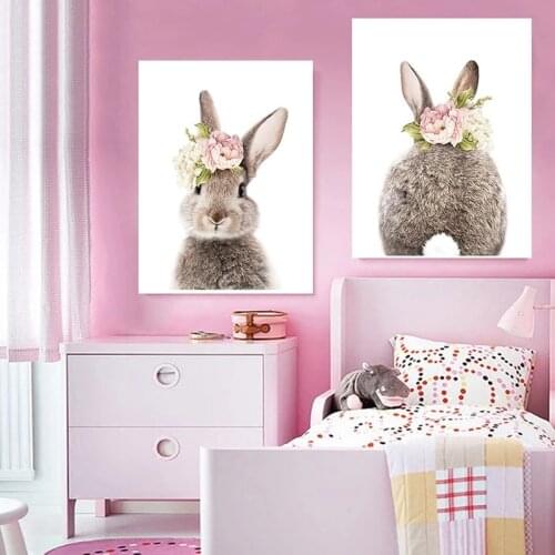 Wear Flower Rabbit Canvas Printings Bunny Tail Picture Animal Canvas Wall Art Child Painting Nordic Kids Baby Girls Room Decor