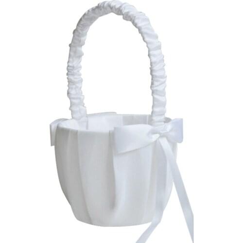 Romantic Bowknot White Satin Wedding Ceremony Party Flower Girl Basket