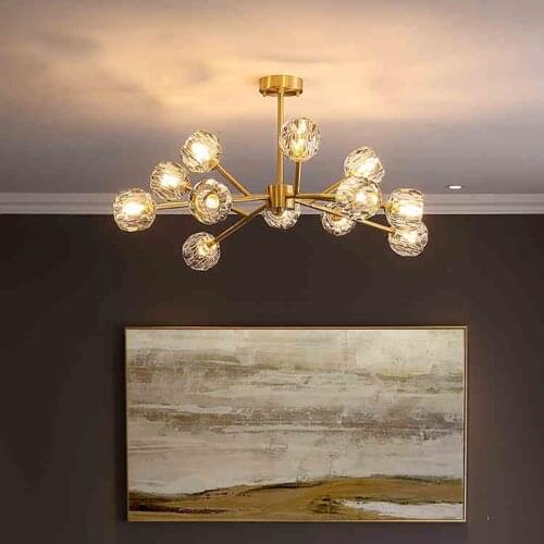 Nordic Luxury ALL Copper Crystal Chandelier Lighting American Vintage Lights Dining Room Gold Lustre Molecular Art Hanging Lamps