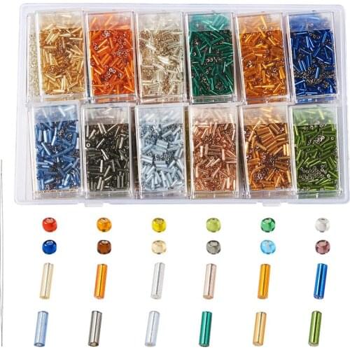 1 Set Mix Color Round Hole Lined Glass Bugle Beads with Stainless Steel Big Eye Beading Needles jewelry making accessorie
