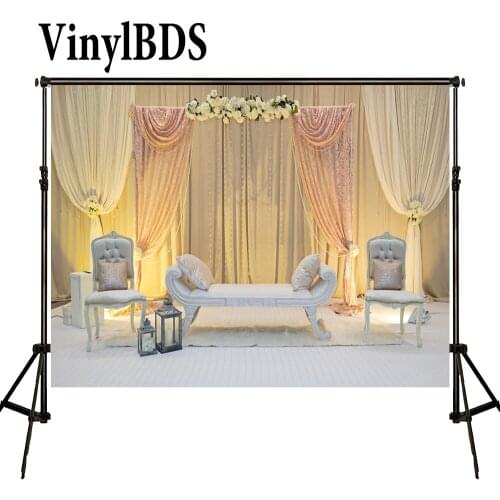 VinylBDS Photography Backdrops Flower Wedding Backdrops White Curtain Sofa Background Chair and Wood Floor Background for Studio