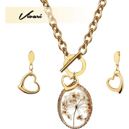 Vivari Fake Dry Floral Pendant Long Necklace for Women Display Jewelry Set Animals Steel Balls Earrings Stud Stainless Steel