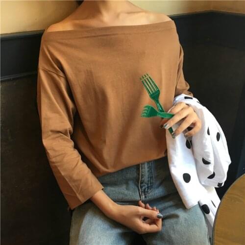 Women Solid color T shirt women autumn and winter sexy strapless female Korean version tide slash neck clothing