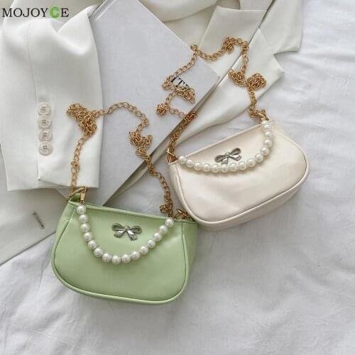 Vintage Women Bowknot Pure Color PU Leather Shoulder Crossbody Messenger Bag Casual Ladies Pearl Chain Small Handbags Purse