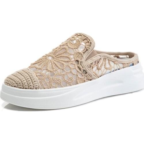 Womens Sandals 2021 Designer Shoes Thick Bottom Summer Mesh Breathable Sequins Lace Cutout Female Slip On Shoes For Women