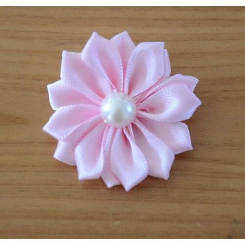 60 pcs/lot , Small Satin Flower With Pearl Center, Fabric Flowers For Wedding Brooch