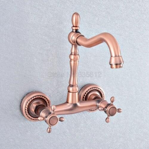 Antique Red Copper Brass Double Cross Handles Swivel Spout Kitchen Bathroom Tub Sink Faucet Mixer Water Taps tsf857