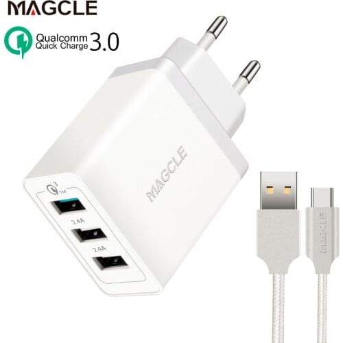 Magcle Quick charger 3.0 EU/US/UK PLUG 3USB travel charger QC3.0 mobile phone charger + Magcle 1M 2A cable for Smart phone