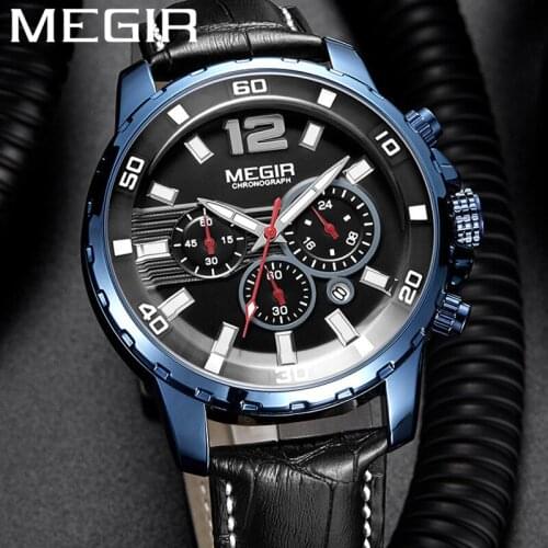 MEGIR Watch Men Waterproof Chronograph Military Male Clock Top Brand Luxury Genuine Leather Business Man Sport Wristwatch 2068