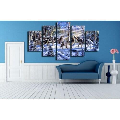 Canvas Painting Modern Art Live Wall Decoration Frames Modular Pictures Landscape Oil Painting 5 Panel Animal Wolf