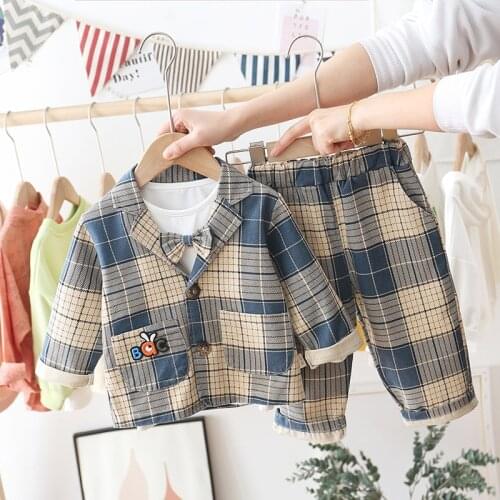 Kid Boy Plaid Suit Outfit Clothing Set Birthday Party Plaid Coat + Shirt + Pants Toddler Baby Clothes Set 1 2 3 4 5 Year