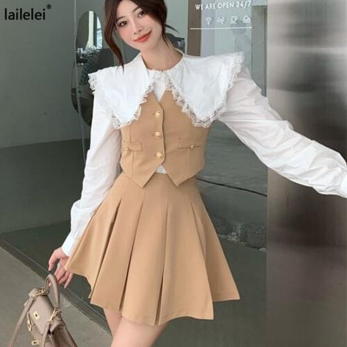 3-piece set lace doll collar long sleeve white shirt + V-neck short button Vest+ A-line pleated mini skirt 2021 autumn suit