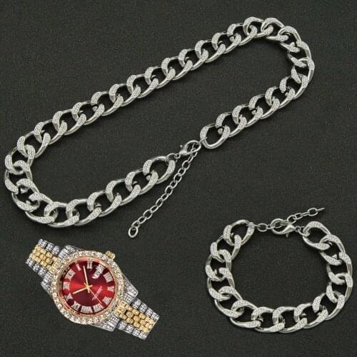 16MM Hip Hop 3pcs Kit Full Iced Out Paved Rhinestone Choker Miami Adjustable Cuban Necklace+Watch+Bracelet For Women Jewelry