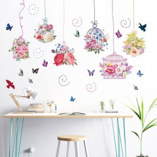 Beautiful Pink Flowers Rose Birdcage Peony Butterfly Wall Stickers for Living Room Bedroom Background Home Decoration Decals