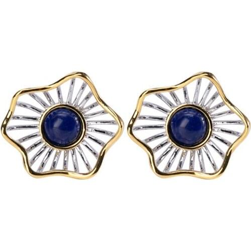 Lapis Lazuli 925 Sterling Silver Earrings Simplicity Versatile Silver 925 Earrings Hollow Out Flower Retro Stud Earrings Female
