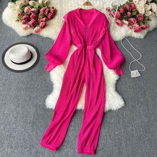 Summer Womens Jumpsuit American Style Solid Color V-neck Zipper Lantern Sleeves Waist Jumpsuit New Waist Female Jumpsuits DE421