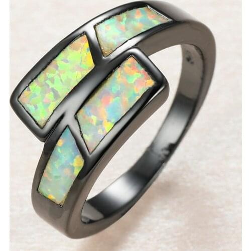 Cute Female White Opal Stone Ring Vintage 14KT Black Gold Wedding Rings For Women Luxury Bride Geometric Engagement Ring