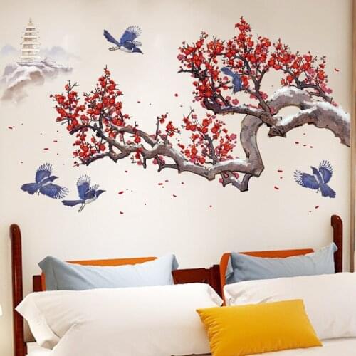 Chinese Style Plum Blossom Wall Stickers Home Office Decor Art Bird Landscape Painting Living Room Wall Decor DIY Large Mural
