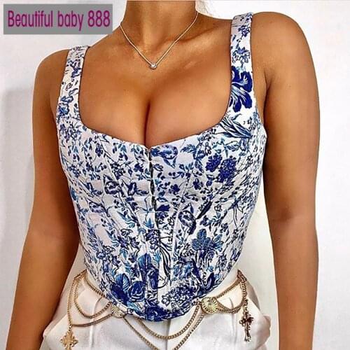 Meqeiss 2020 New Woman Tops SummerBlue And White Porcelain Vest Square Collar Slim Short Tank Top Hidden Breasted Zipper Tops