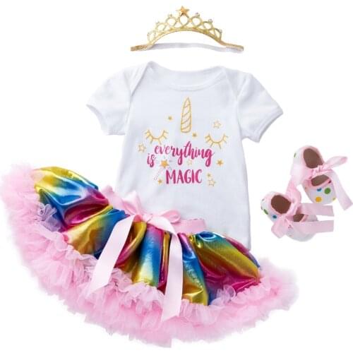 New Rainbow Skirt Set 4pcs New Born Baby Girls Romper Infant Outfits Girls Princess Toddler Kids Clothes One year old birthday