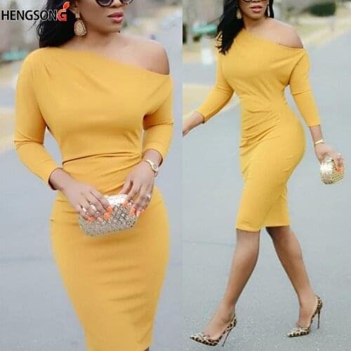 Sheath Slim Bodycon Dress Women 2019 Autumn Long Sleeve Slash Neck Off Shoulder Sexy Dress Party Dresses Vestidos Yellow