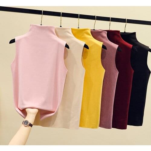 Autumn Winter Warm Knitted Tank Tops Women Sleeveless Turtleneck Pullovers T-shirt Tee Shirt Femme Tshirt Knitwear
