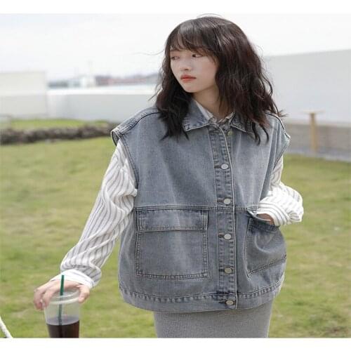 Autumn New Womens Sleeveless Denim Vest Loose Korean Boyfriend Style Student Workwear All-Match Jacket