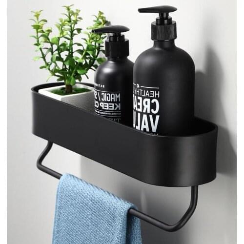 Black Bathroom Shelf 30-50cm Lenght Kitchen Wall Shelves Shower Basket Storage Rack Towel Bar Robe Hooks Bathroom Accessories