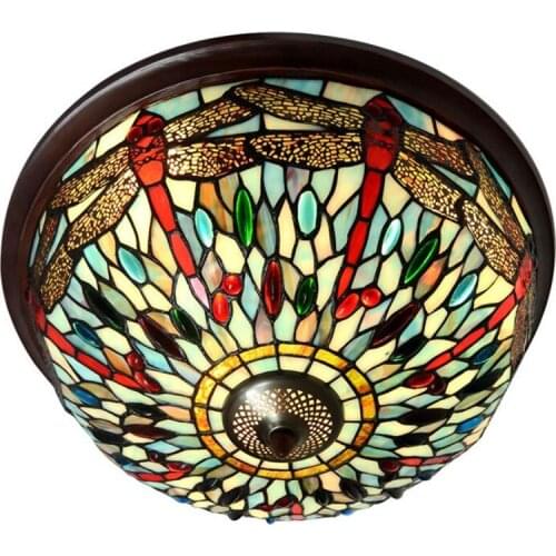 Tiffany Ceiling lamp Handmade Glass Baroque Vintage Colorful Dragonfly Round Ceiling Lamp for Foyer Bed Room Balcony 45cm 1124