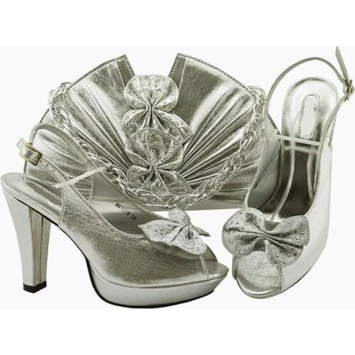 Wonderful silver women pumps and bag set with butterfly design african shoes match handbag for dress MM1079,heel 11.5cm