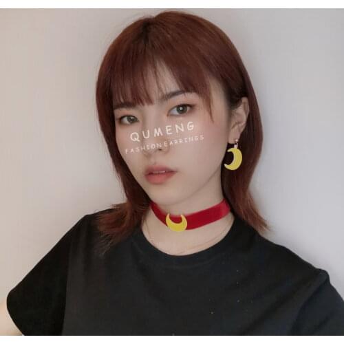 Qumeng 2020 Korean sweet lovely half moon acrylic Earrings womens fashion crescent Earrings Necklace Set Jewelry For Gifts