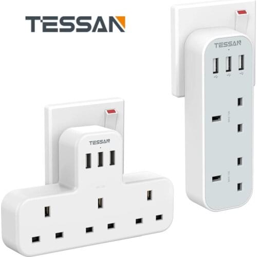 TESSAN UK Plug Extension Socket with 3 UK Outlets 3 USB Ports for Phone Tablet 6 in 1 Wall Charger Adapter Overload Protecion