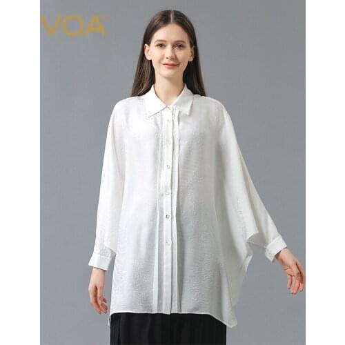 VOA Fashion Batwing Sleeve Silk Jacquard Blouses Autumn New White Polo-Neck Casual Tops Loose Single-breasted Women Shirts BE819