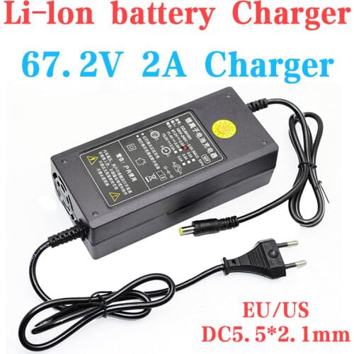 DC 5.5*2.1mm 67.2V 2A lithium battery charger for 16S60V lithium battery electric vehicle scooter charger AC 100-240V US/EU plug