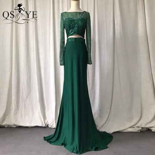 Green Prom Dress Long Sleeves Stretch Evening Gown Lace Two Pieces Party Formal Gown Scoop Neck Mermaid Slim Lace Women Dresses