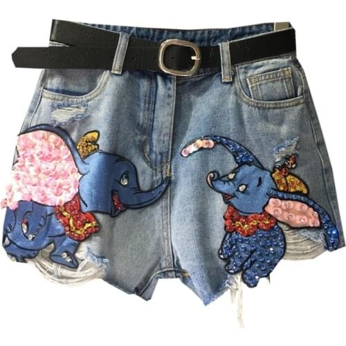 Plus size 5XL!elephant embroidery denim shorts WOMEN summer hole bf loose wide leg jeans shorts