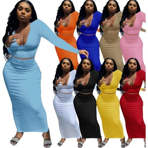 Hirigin 2 Pcs Women Solid Color Dresses Outfits Adults Sexy Low-cut Long Sleeve Crop Tops And High Waist Slim Hip Long Skirt