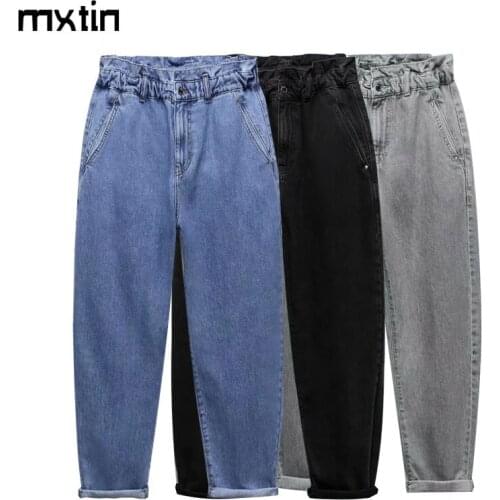 MXTIN 2021 Women Autumn Fashion Solid Straight Pants Vintage High Waist Elasticity Fly Side Pockets Female Casual Jeans Vestidos