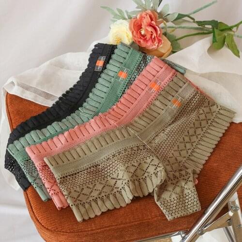 Womens Sexy Lace Transparent Panties Soft Seamless Hollow Out Breathable Underwear Female High Rise Thongs Solid Lady Lingerie