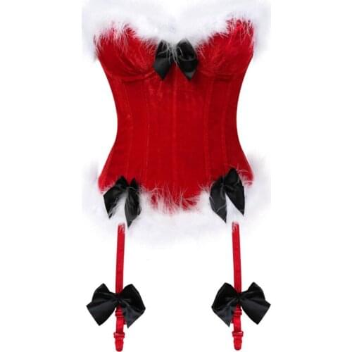 Womens Christmas Santa Claus Costume Sexy Bowknots Side Zipper Velvet Overbust Corset Plus Size S-6XL