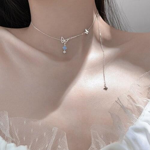 925 Sterling Silver Blue Gradient Butterfly Necklace for Women Simple Choker Necklaces Jewelry Gift S-N718